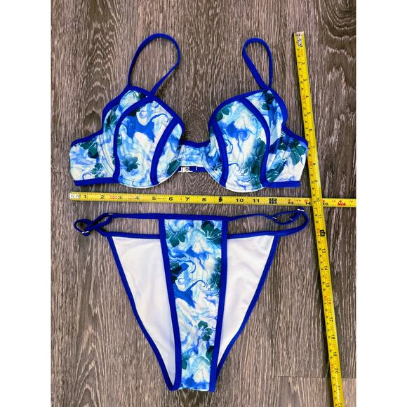 New Small Blue Floral Adjustable Bikini Swimsuit Set‎ Underwire Balconette Retro - Picture 6 of 6